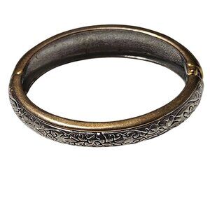 Vintage Ornate Brass Silver Tone Hinged Bangle Bracelet Scrollwork Detail Women